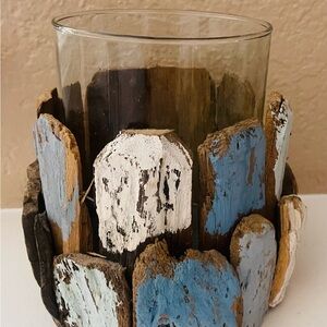 Reclaimed Wood Round Glass Candle Holder Beach Decor Holds 3-wick or Jar Candle